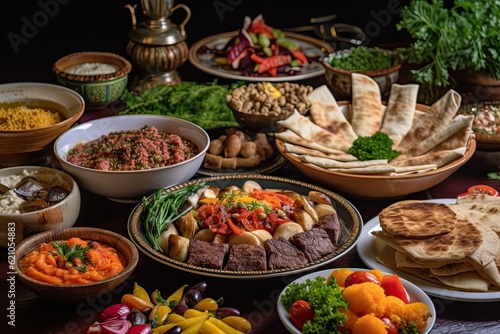 arabic feast, featuring a variety of grilled meats and vegetables, created with generative ai