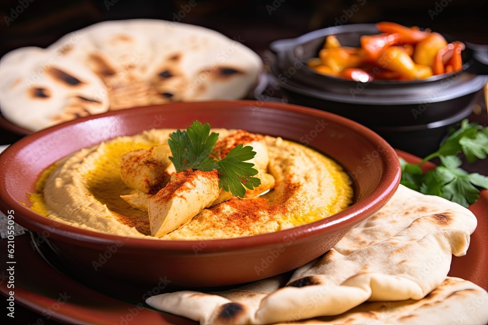 close-up of a warm and steamy plate of hummus with pita bread on the side, created with generative ai