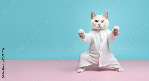 Fotografia Funny cat in white kimono exercising yoga or Asian martial arts