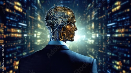 A businessman and a brain printed circuit board  PCB  design are supposed to represent topics such as artificial intelligence  AI   data mining  machine learning  and deep learning.