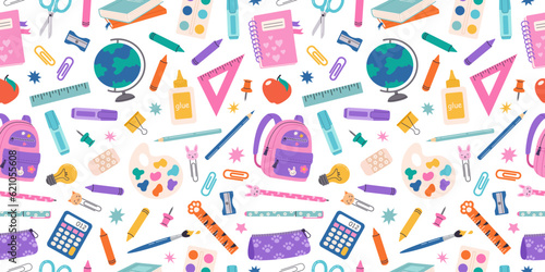 Vector seamless pattern from school supplies in hand drawn style. Back to school. Backpack, globe, pencil, notebook, stationery and books.