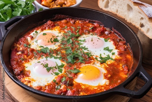 delicately-plated dish of shakshouka, with poached eggs and spices, created with generative ai
