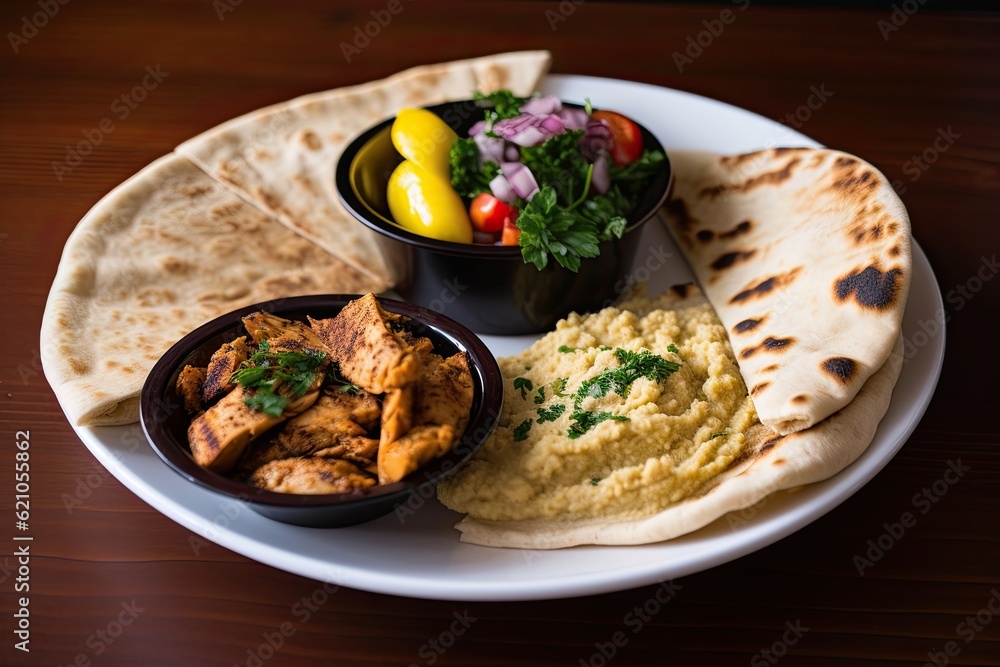 plate of shawarma, hummus, and pita bread, created with generative ai plate of shawarma, hummus, and pita bread, created with generative ai
