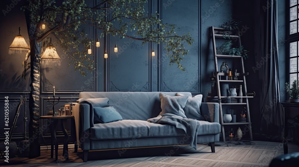 A grey light illuminates a blue sofa in front of a wooden table in a modest living room with ficus and a ladder. A grey light illuminates a blue sofa in front of a wooden table in a modest living room with ficus and a ladder.