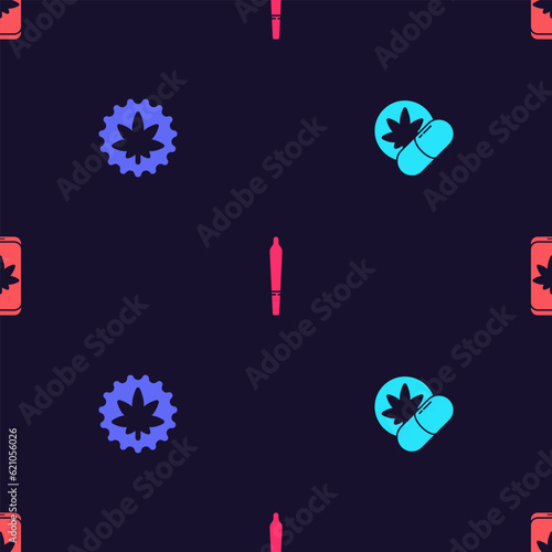 Set Herbal ecstasy tablets, Marijuana or cannabis leaf, joint and Mobile and marijuana on seamless pattern. Vector