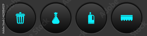 Set Trash can, Garbage bag, Fabric softener and Sponge with bubbles icon. Vector