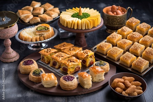 variety of arabic pastries and desserts, including baklava, kunafa and basbousa, created with generative ai
