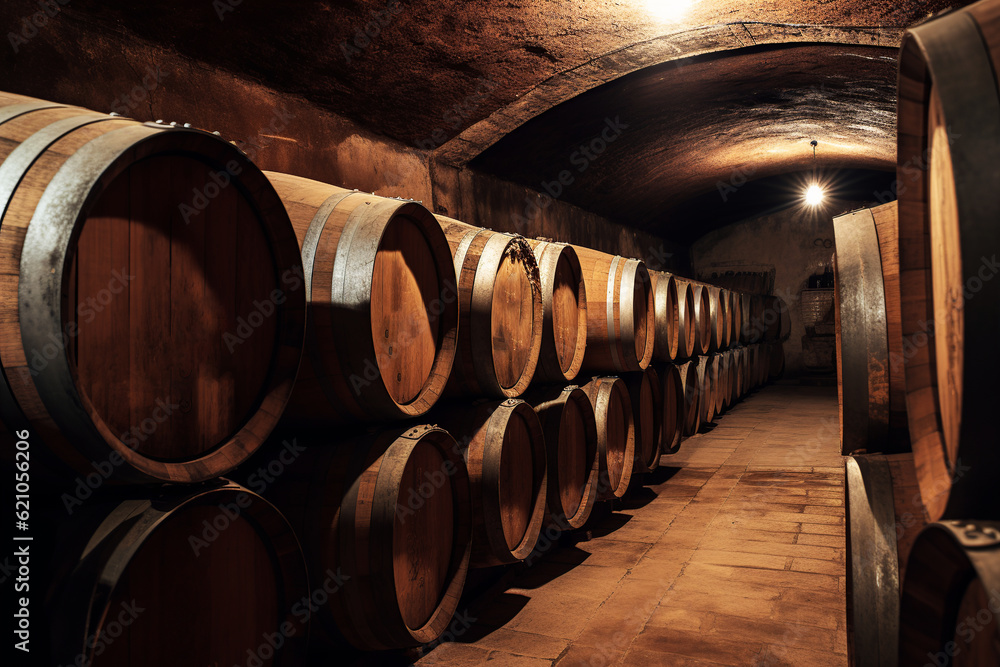 Old barrels and barrels in old cellar. Wine storage in a winery. wine aging