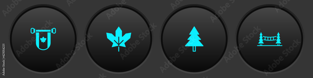 Set Pennant Canada, Canadian maple leaf, Christmas tree and Capilano Suspension Bridge icon. Vector Set Pennant Canada, Canadian maple leaf, Christmas tree and Capilano Suspension Bridge icon. Vector