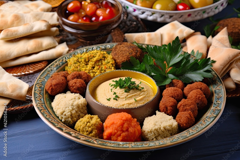 close-up of plate with variety of arabic food, including hummus, falafel and tahini, created with generative ai
