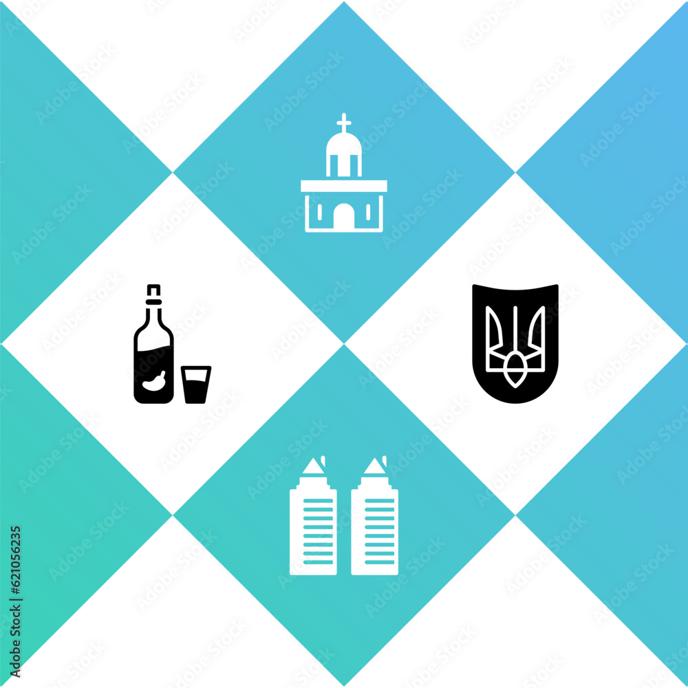Set Vodka with pepper and glass, Two towers in Dnipro, Church building and Ukrainian trident icon. Vector