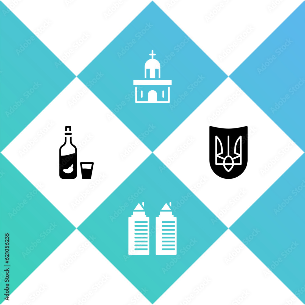 Set Vodka with pepper and glass, Two towers in Dnipro, Church building and Ukrainian trident icon. Vector Set Vodka with pepper and glass, Two towers in Dnipro, Church building and Ukrainian trident icon. Vector