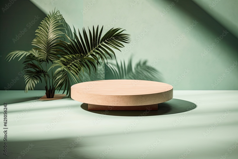 Minimalist wooden circular platform with pastel-green vegetation, stones, and palm leaf shadows