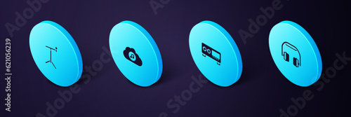 Set Isometric Headphones, Guitar amplifier, Music streaming service and Microphone with stand icon. Vector