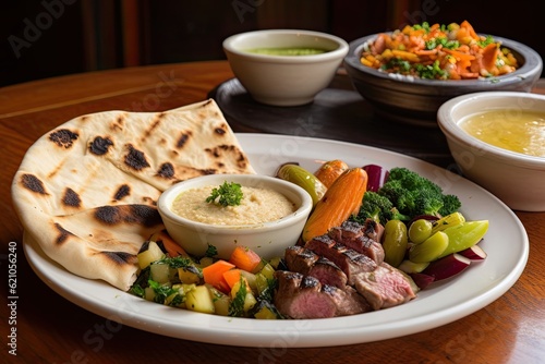 plate of warm hummus and pita bread, with grilled meat and vegetable sides, created with generative ai