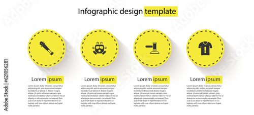 Set Baseball bat with nails, Gas mask, Judge gavel and T-shirt protest. Business infographic template. Vector