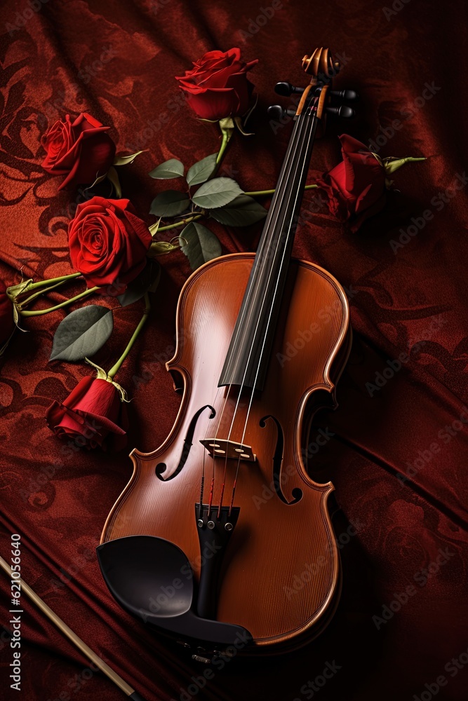 Classical wooden violin with flowers and a red background illustration made with Generative AI Classical wooden violin with flowers and a red background illustration made with Generative AI
