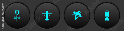 Set Military reward medal, Plane, helmet and Rocket launcher icon. Vector