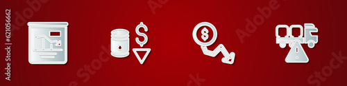 Set Pie chart infographic, Drop crude oil price, Dollar rate decrease and Stop delivery cargo truck icon. Vector
