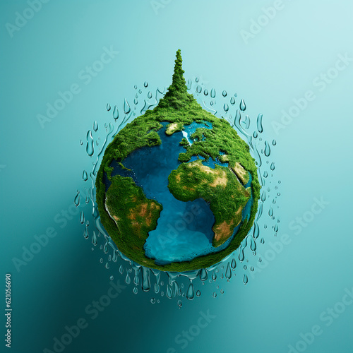 Earth in drop shape green trees. World Water Day green water drop concept. World environment day concept background.
