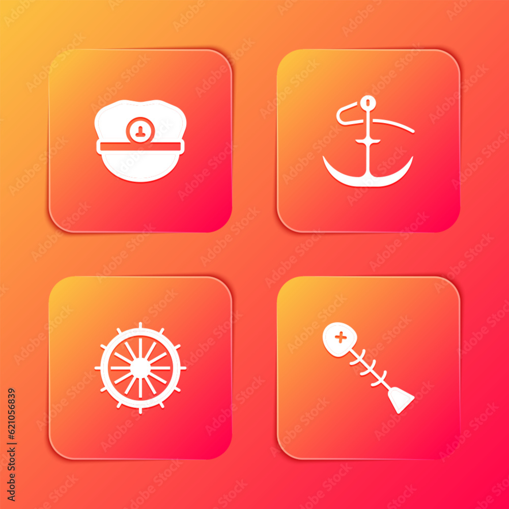 Set Captain hat, Anchor, Ship steering wheel and Dead fish icon. Vector Set Captain hat, Anchor, Ship steering wheel and Dead fish icon. Vector