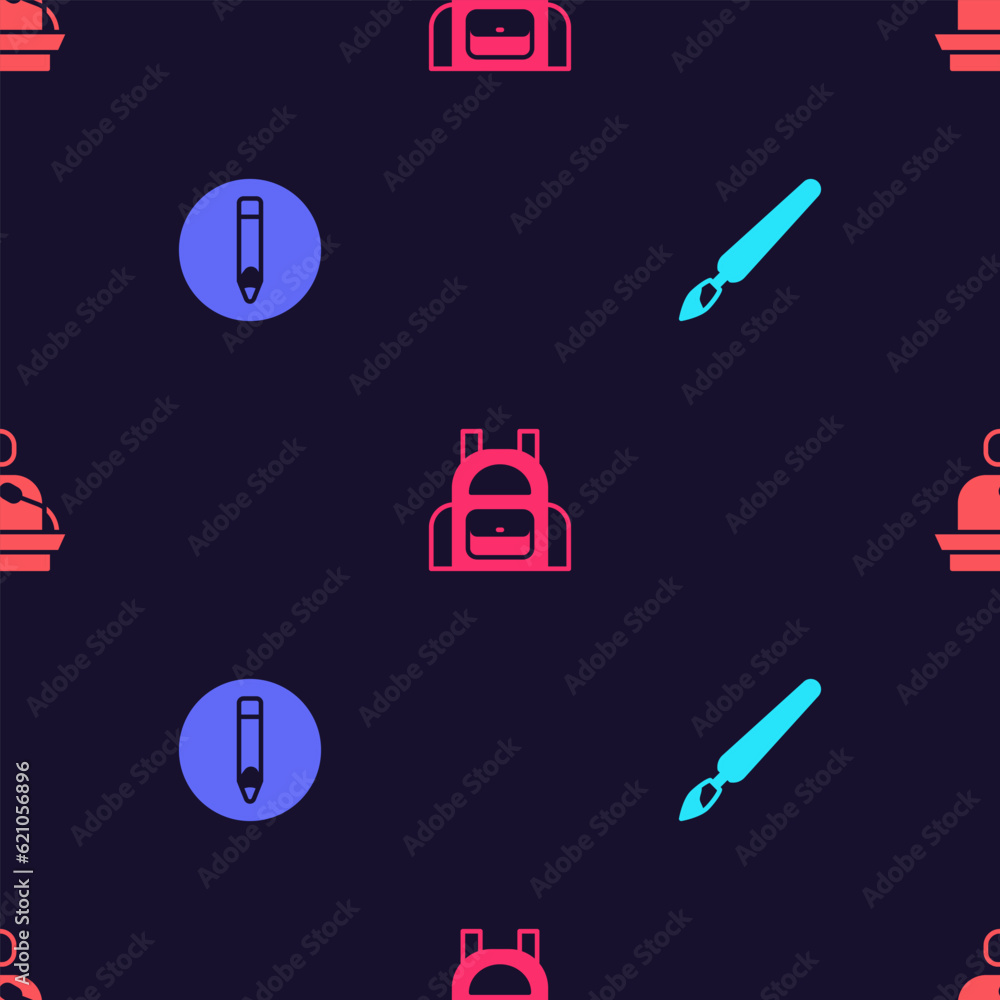 Set Paint brush, Pencil, School backpack and Gives lecture on seamless pattern. Vector Set Paint brush, Pencil, School backpack and Gives lecture on seamless pattern. Vector