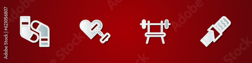 Set Socks, Dumbbell with heart, Bench barbell and Protein sport icon. Vector
