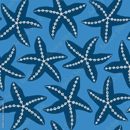 Starfish seamless pattern in white, blue and sand colours. Star fish repeat pattern. Summer beach abstract background.