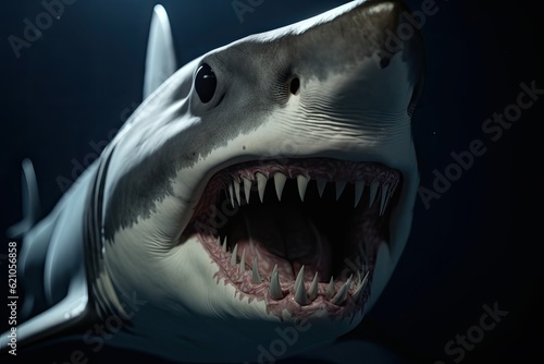 huge shark is isolated on the black background. Shark selfie. business shark