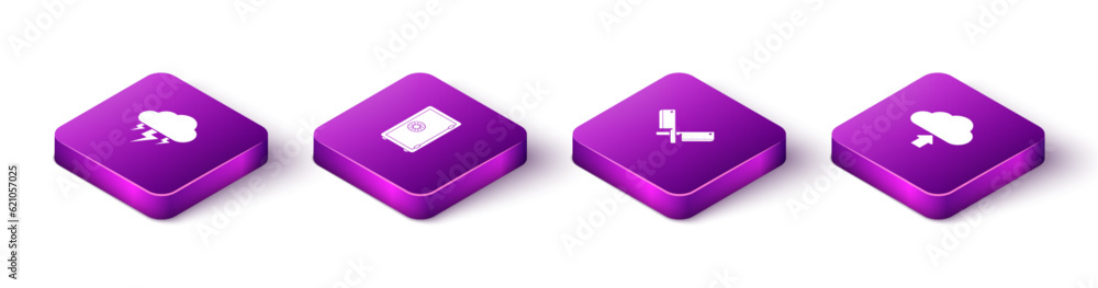 Set Isometric Storm, Safe, Crossed meat chopper and Cloud upload icon. Vector Set Isometric Storm, Safe, Crossed meat chopper and Cloud upload icon. Vector