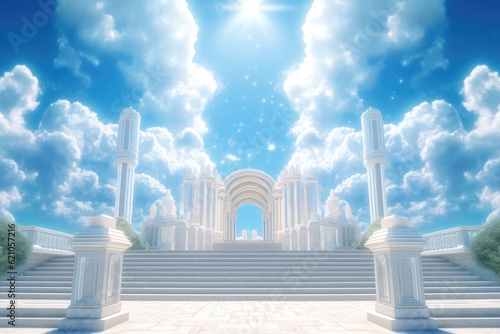 A picture of a huge staircase leading up to the open, majestic pearly gates of heaven with a backdrop of the sky in blue. photo