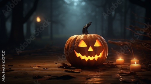 Halloween pumpkin on in a dark forest, on a dark background. Dark forest