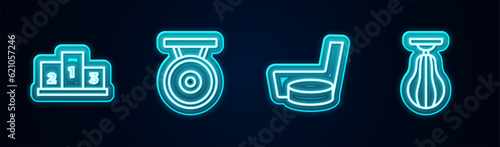Set line Award over sports winner podium, Gong, Ice hockey stick and puck and Punching bag. Glowing neon icon. Vector