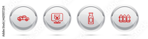 Set line Pickup truck, Pig, Bottle with milk and Garden fence wooden. Silver circle button. Vector