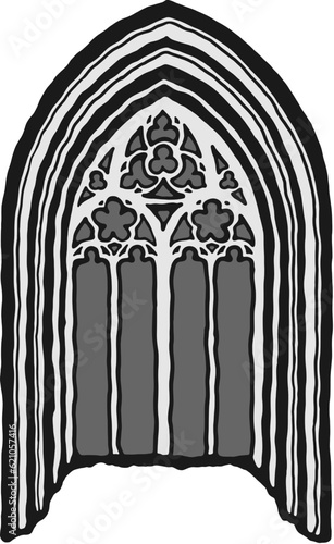 Geometrical decorated gothic window tracery with archivolt stylized drawing. Architectural element; medieval cathedral arches; vector