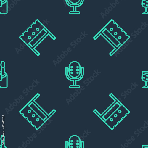 Set line Microphone, BBQ brazier and Champagne bottle on seamless pattern. Vector