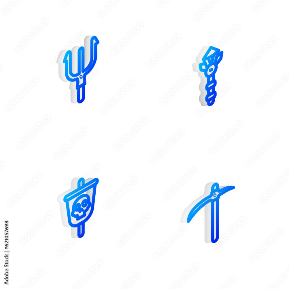 Set Isometric line Magic wand, Neptune Trident, Pirate flag and Pickaxe icon. Vector Set Isometric line Magic wand, Neptune Trident, Pirate flag and Pickaxe icon. Vector