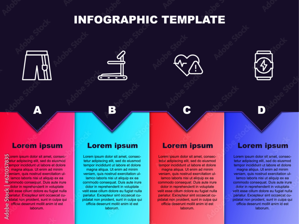 Set line Short or pants, Treadmill machine, Heart rate and Energy drink. Business infographic template. Vector Set line Short or pants, Treadmill machine, Heart rate and Energy drink. Business infographic template. Vector