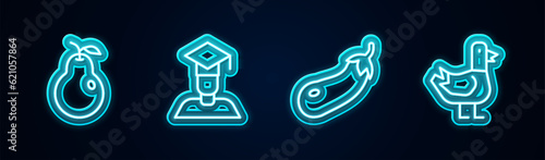 Set line Pear, Graduate and graduation cap, Eggplant and Dove. Glowing neon icon. Vector