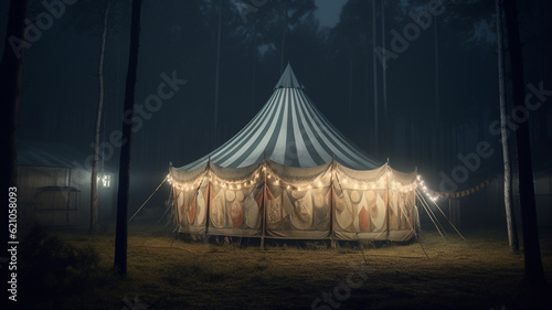 Eerie haunted circus tent at night time. Marquee in the woods. Created with Generative AI.