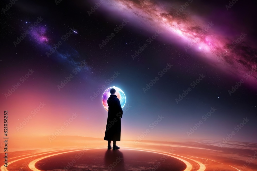 very detailed image with cinematic style lighting A beautiful image of a galaxy with planets where there is yin and yang and a person stands in front of an open portal to a new galaxy