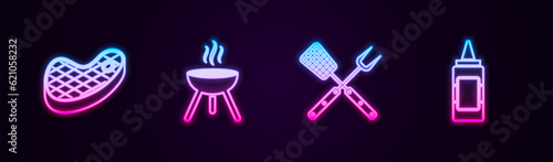 Set line Steak meat, Barbecue grill, Crossed fork and spatula and Mustard bottle. Glowing neon icon. Vector