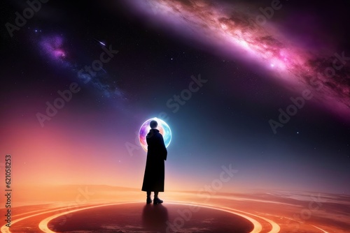 very detailed image with cinematic style lighting A beautiful image of a galaxy with planets where there is yin and yang and a person stands in front of an open portal to a new galaxy