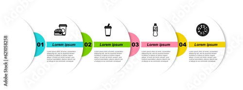 Set line Coffee and burger, Glass with water, Bottle and Pizza. Business infographic template. Vector