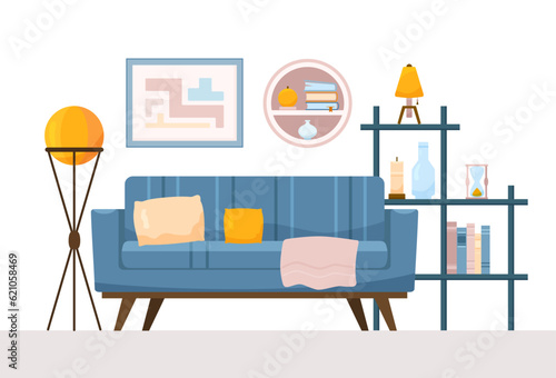 Flat living room concept with stand and sofa with plaid. Interior items of cozy modern midcentury design with books and lamps. Vector cartoon illustration with home decor accessories and pillows