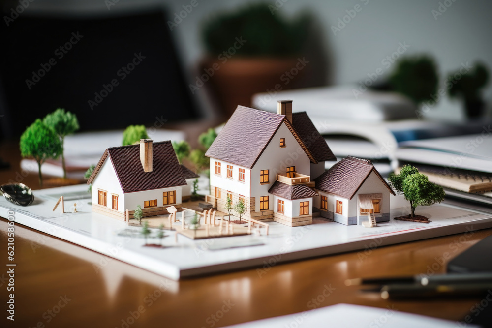 Real estate market. Mortgage and investment. Model of house building standing on architectural plan. Technical project of new house. Created with Generative AI Real estate market. Mortgage and investment. Model of house building standing on architectural plan. Technical project of new house. Created with Generative AI