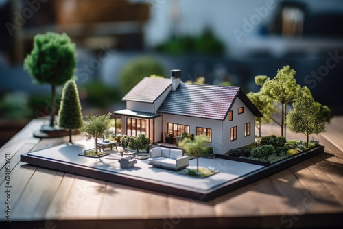 Real estate market. Mortgage and investment. Model of house building standing on architectural plan. Technical project of new house. Created with Generative AI photo