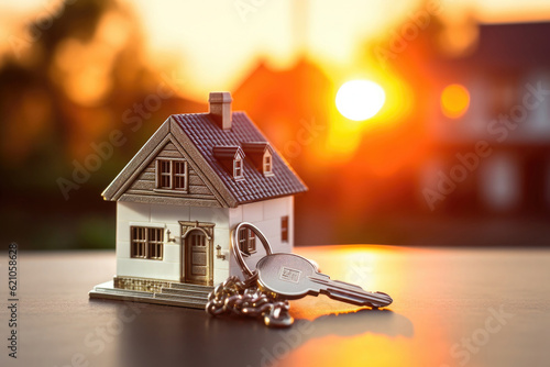 Miniature model of residential house and keys at sunset. Concept of buying new home. Real estate market. Mortgage and investment. Created with Generative AI