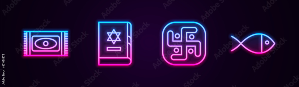 Set line Traditional carpet, Jewish torah book, Jainism and Christian fish. Glowing neon icon. Vector Set line Traditional carpet, Jewish torah book, Jainism and Christian fish. Glowing neon icon. Vector