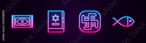 Set line Traditional carpet, Jewish torah book, Jainism and Christian fish. Glowing neon icon. Vector